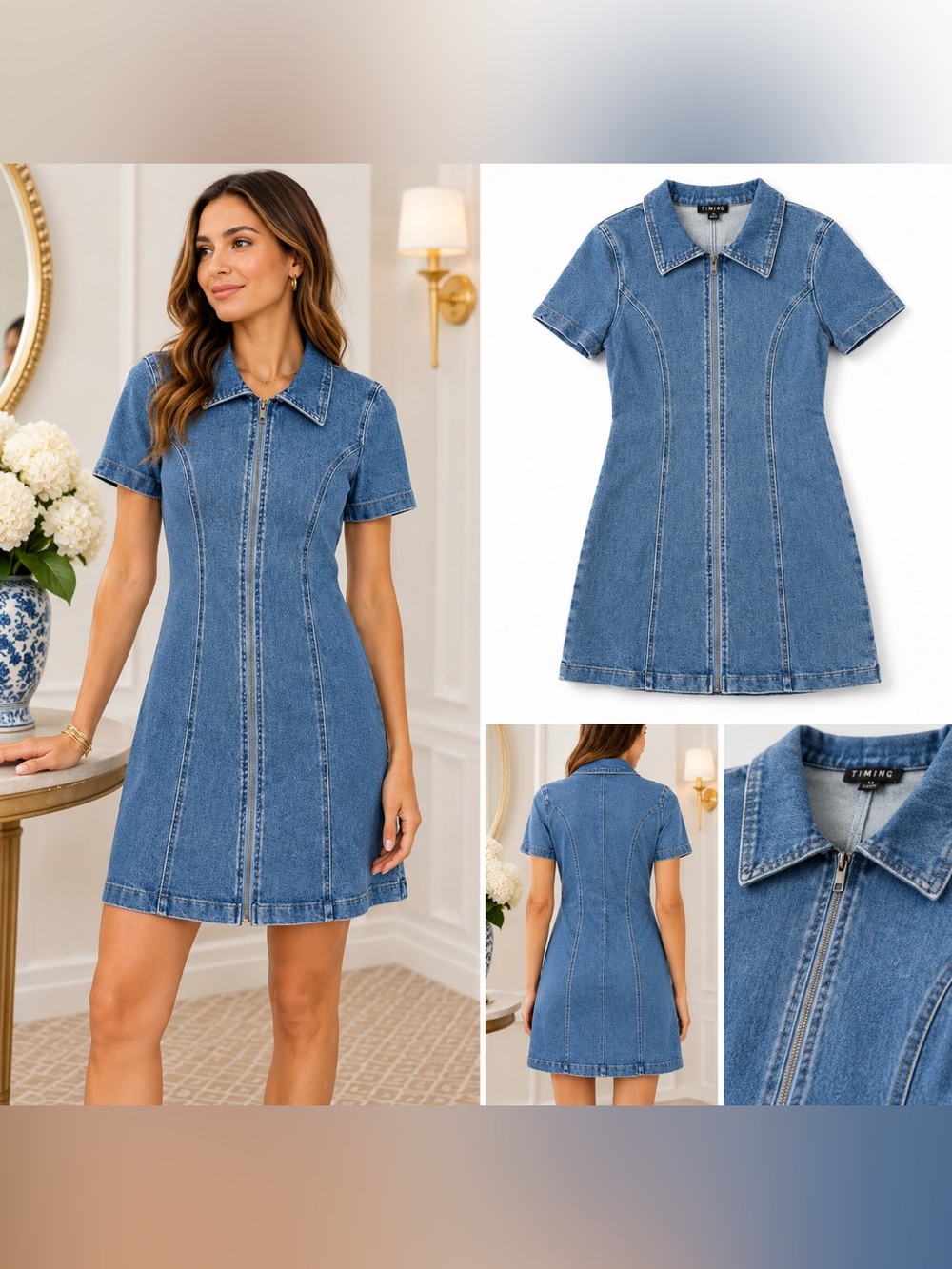 TIMING - Denim Collared zip up mini Dress NWT